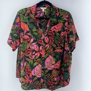 Terra Sky Womens 14W Button Up Shirt Top Bright Artsy Floral Beach Vacation